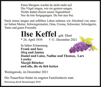 Traueranzeige von Ilse Keffel (geb. Ebert)  von Magdeburger Volksstimme