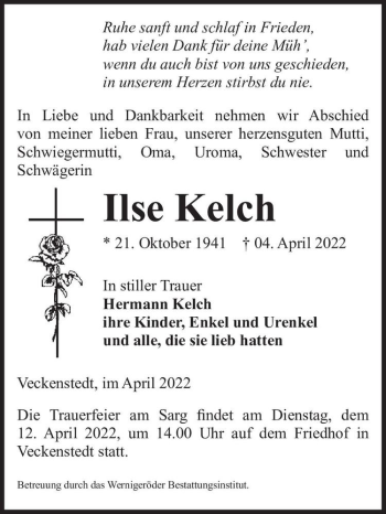 Traueranzeige von Ilse Kelch  von Magdeburger Volksstimme