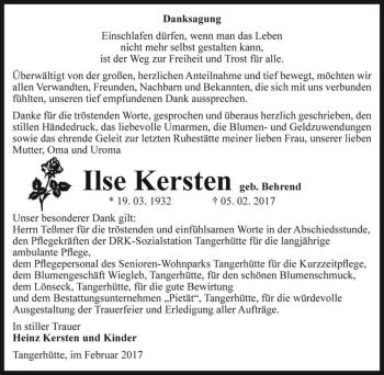 Traueranzeige von Ilse Kersten (geb. Behrend)  von Magdeburger Volksstimme