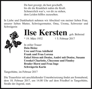 Traueranzeige von Ilse Kersten (geb. Behrend)  von Magdeburger Volksstimme