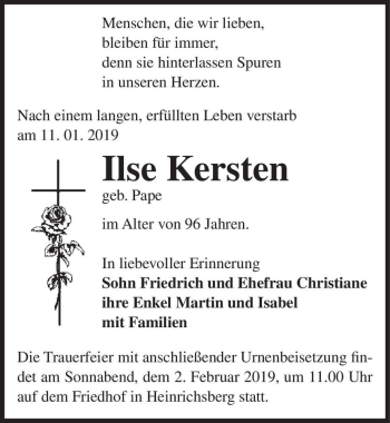 Traueranzeige von Ilse Kersten (geb. Pape)  von Magdeburger Volksstimme