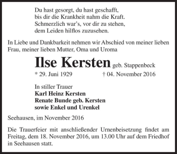 Traueranzeige von Ilse Kersten (geb. Stappenbeck)  von Magdeburger Volksstimme