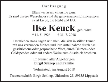 Traueranzeige von Ilse Keuck (geb. Wust)  von Magdeburger Volksstimme