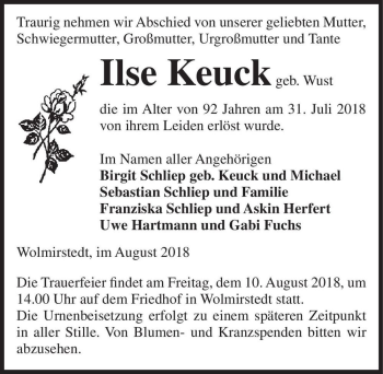 Traueranzeige von Ilse Keuck (geb. Wust)  von Magdeburger Volksstimme