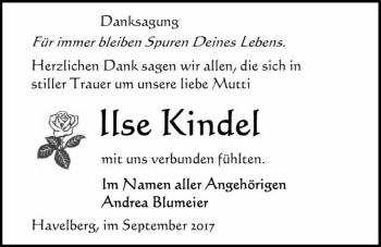 Traueranzeige von Ilse Kindel  von Magdeburger Volksstimme