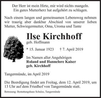 Traueranzeige von Ilse Kirchhoff (geb. Hoffmann)  von Magdeburger Volksstimme