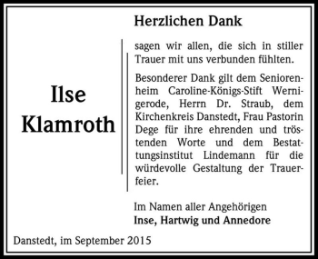 Traueranzeige von Ilse Klamroth  von Magdeburger Volksstimme