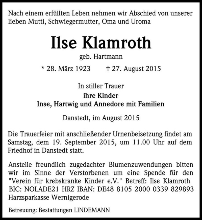  Traueranzeige für Ilse Klamroth (geb. Hartmann)  vom 05.09.2015 aus Magdeburger Volksstimme