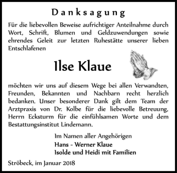 Traueranzeige von Ilse Klaue  von Magdeburger Volksstimme