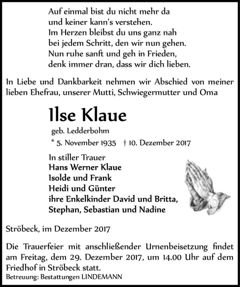  Traueranzeige für Ilse Klaue (geb. Ledderbohm)  vom 16.12.2017 aus Magdeburger Volksstimme