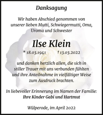 Traueranzeige von Ilse Klein  von Magdeburger Volksstimme