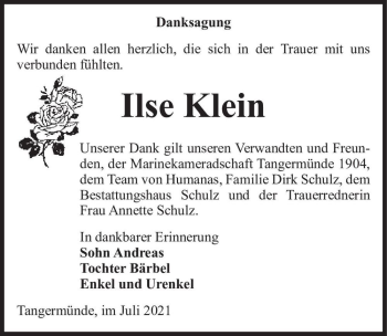 Traueranzeige von Ilse Klein  von Magdeburger Volksstimme