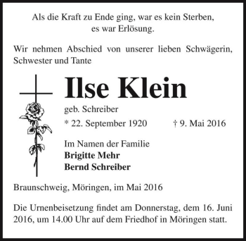 Traueranzeige von Ilse Klein (geb. Schreiber)  von Magdeburger Volksstimme