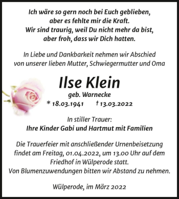 Traueranzeige von Ilse Klein (geb. Warnecke)  von Magdeburger Volksstimme