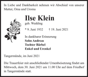 Traueranzeige von Ilse Klein (geb. Wedding)  von Magdeburger Volksstimme