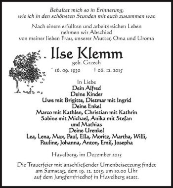 Traueranzeige von Ilse Klemm (geb. Grzech)  von Magdeburger Volksstimme