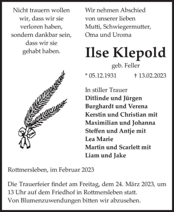 Traueranzeige von Ilse Klepold (geb. Feller)  von Magdeburger Volksstimme