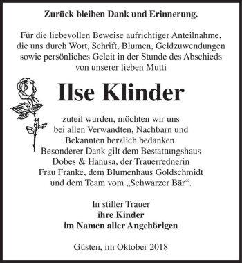 Traueranzeige von Ilse Klinder  von Magdeburger Volksstimme