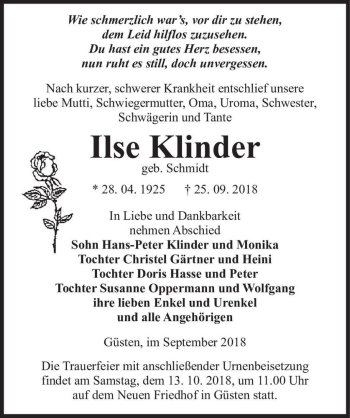Traueranzeige von Ilse Klinder (geb. Schmidt)  von Magdeburger Volksstimme