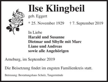 Traueranzeige von Ilse Klingbeil (geb. Eggert)  von Magdeburger Volksstimme