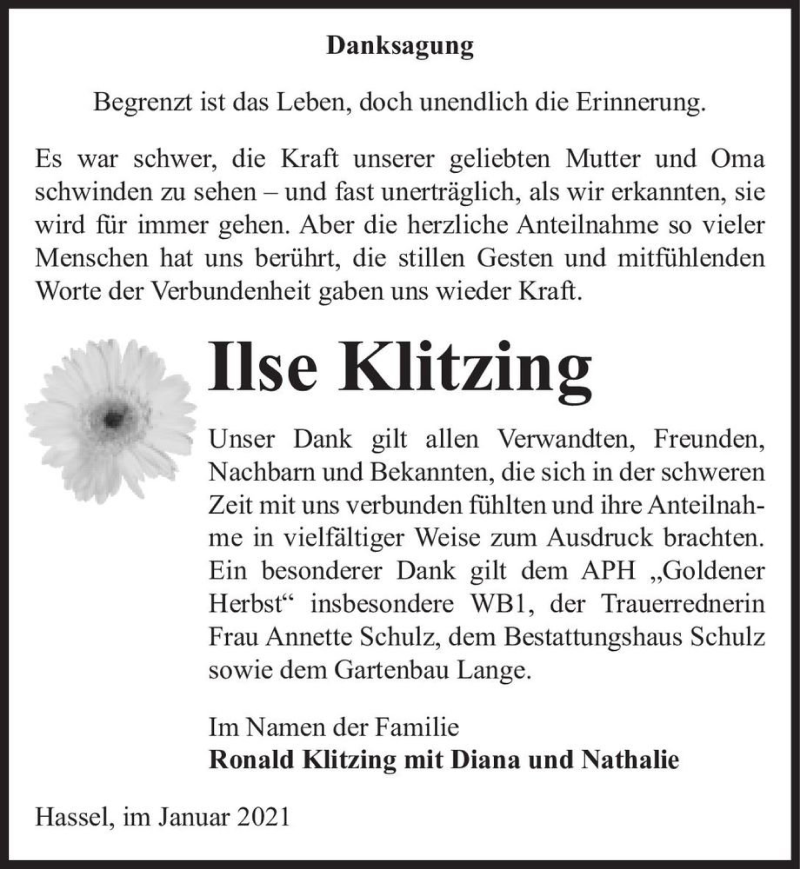  Traueranzeige für Ilse Klitzing  vom 23.01.2021 aus Magdeburger Volksstimme
