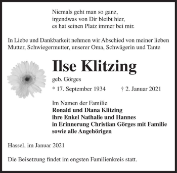 Traueranzeige von Ilse Klitzing (geb. Görges)  von Magdeburger Volksstimme