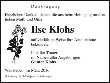 Traueranzeige von Ilse Klohs  von Magdeburger Volksstimme