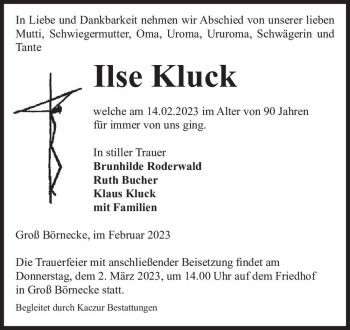 Traueranzeige von Ilse Kluck  von Magdeburger Volksstimme