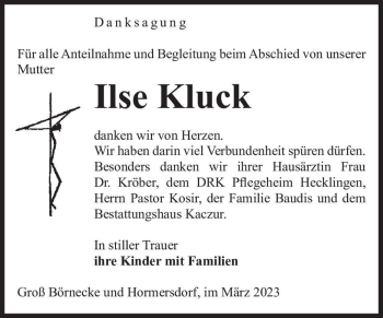 Traueranzeige von Ilse Kluck  von Magdeburger Volksstimme
