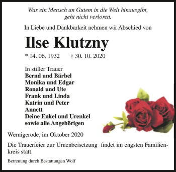Traueranzeige von Ilse Klutzny  von Magdeburger Volksstimme