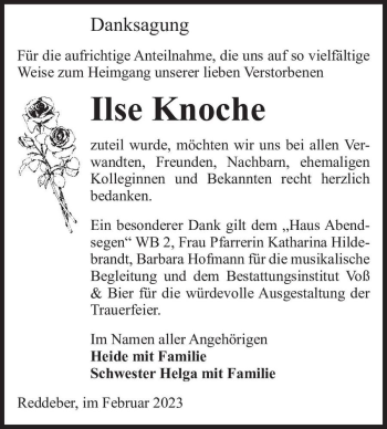 Traueranzeige von Ilse Knoche  von Magdeburger Volksstimme