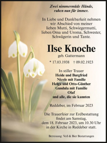 Traueranzeige von Ilse Knoche (geb. Gattermann)  von Magdeburger Volksstimme