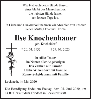 Traueranzeige von Ilse Knochenhauer (geb. Kricheldorf)  von Magdeburger Volksstimme