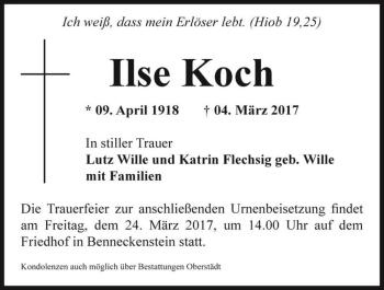 Traueranzeige von Ilse Koch  von Magdeburger Volksstimme