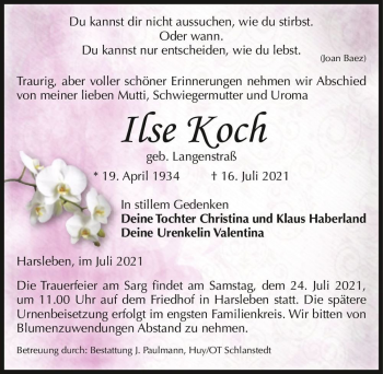 Traueranzeige von Ilse Koch (geb. Langenstraß)  von Magdeburger Volksstimme
