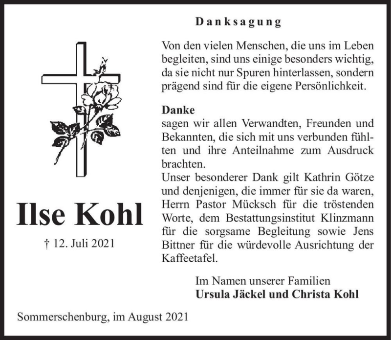  Traueranzeige für Ilse Kohl  vom 21.08.2021 aus Magdeburger Volksstimme