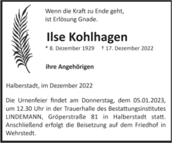 Traueranzeige von Ilse Kohlhagen  von Magdeburger Volksstimme