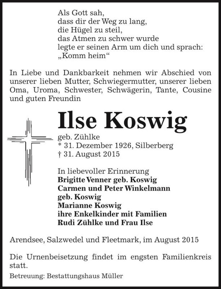  Traueranzeige für Ilse Koswig (geb. Zühlke)  vom 02.09.2015 aus Magdeburger Volksstimme