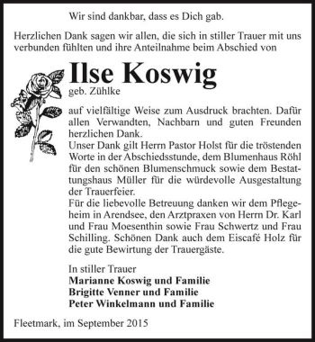 Traueranzeige von Ilse Koswig geb. Zühlke  von Magdeburger Volksstimme