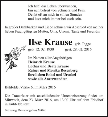 Traueranzeige von Ilse Krause (geb. Tegge)  von Magdeburger Volksstimme
