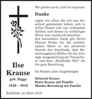 Traueranzeige von Ilse Krause (geb. Tegge)  von Magdeburger Volksstimme