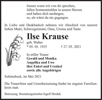 Traueranzeige von Ilse Krause (geb. Walter)  von Magdeburger Volksstimme