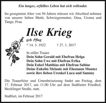 Traueranzeige von Ilse Krieg (geb. Pflug)  von Magdeburger Volksstimme