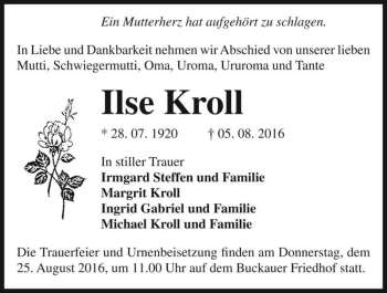 Traueranzeige von Ilse Kroll  von Magdeburger Volksstimme