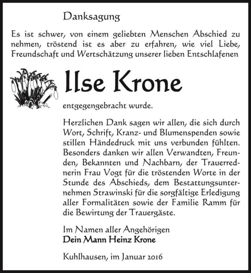 Traueranzeige für Ilse Krone  vom 23.01.2016 aus Magdeburger Volksstimme