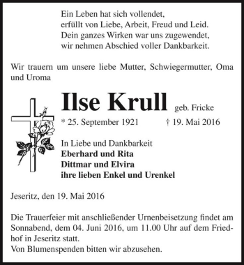 Traueranzeige von Ilse Krull (geb. Fricke)  von Magdeburger Volksstimme