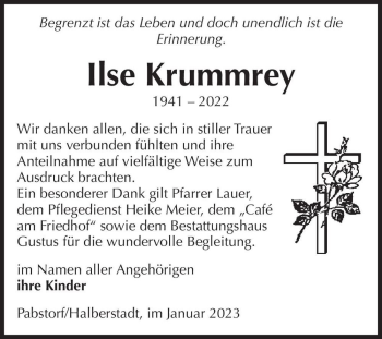 Traueranzeige von Ilse Krummrey  von Magdeburger Volksstimme