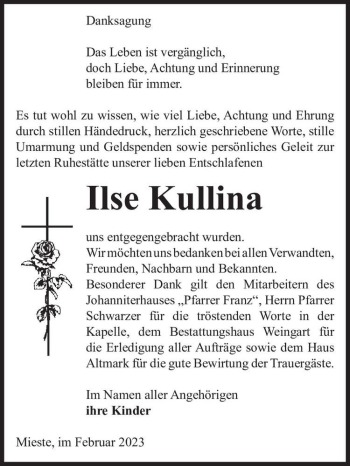 Traueranzeige von Ilse Kullina  von Magdeburger Volksstimme