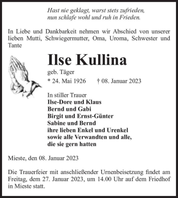 Traueranzeige von Ilse Kullina (geb. Täger)  von Magdeburger Volksstimme