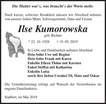 Traueranzeige von Ilse Kumorowska (geb. Richter)  von Magdeburger Volksstimme